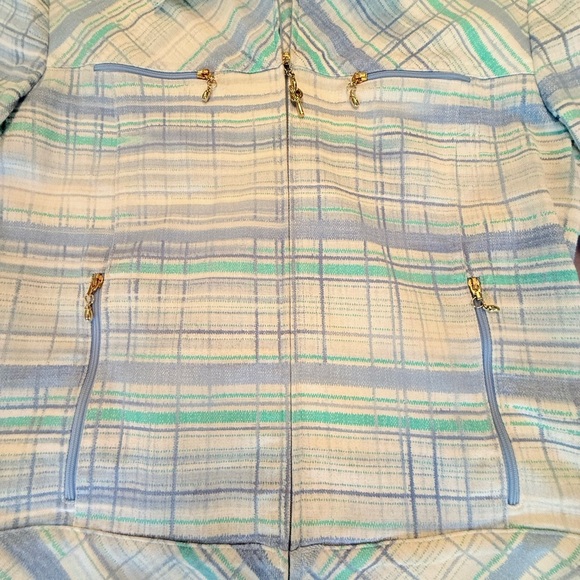 St John Cream/Teal/Blue Watercolor Plaid Gold Zip Jacket Size Large $425 - Picture 4 of 13
